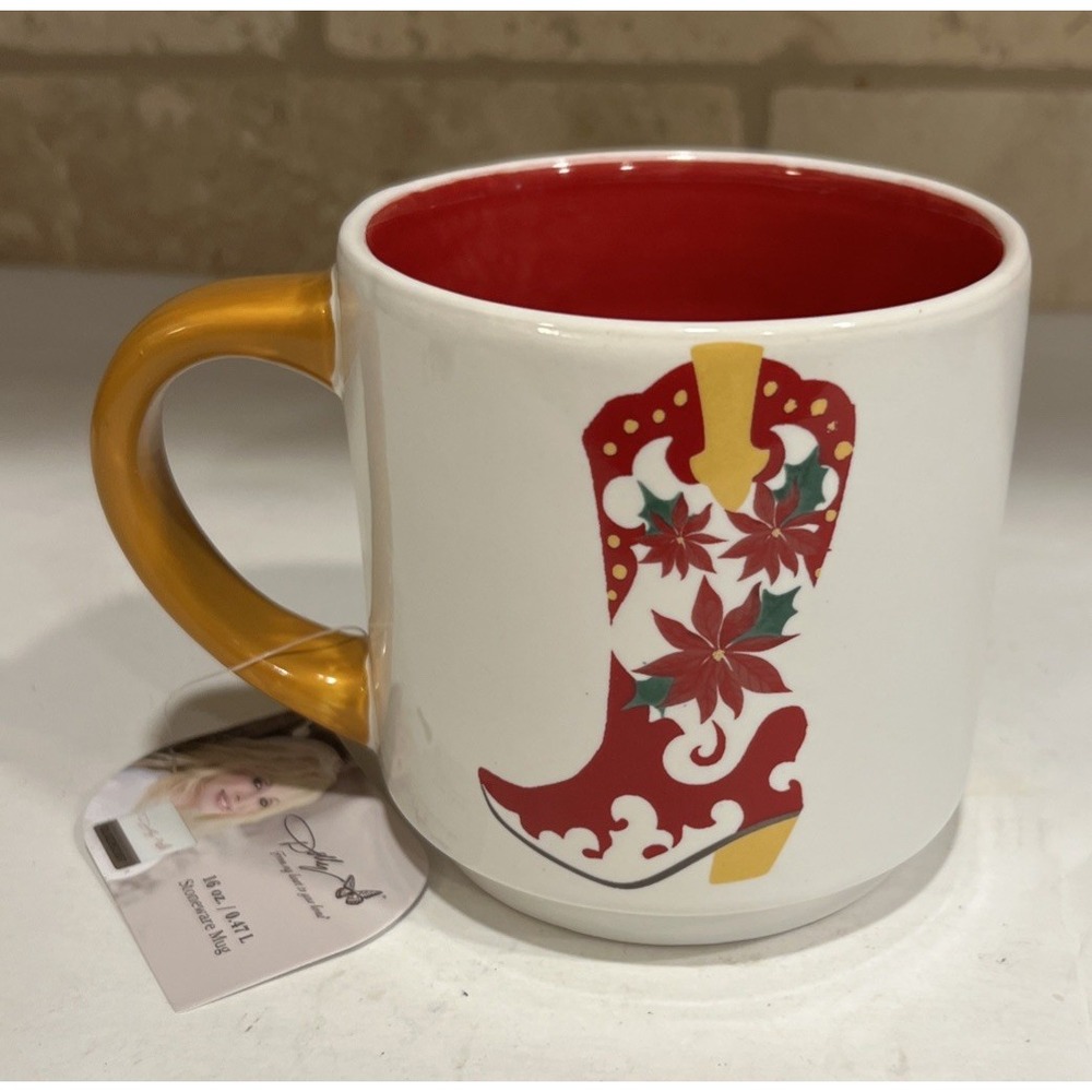 New Dolly Parton Stoneware Coffee Mug Cowgirl Boot Poinsettias Red Gold 16 Oz - Picture 4 of 7